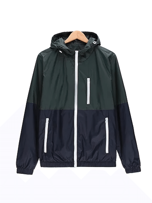 Lightweight Men's Hooded Windbreaker SF1911 in black with zipper, pockets, and stand collar for casual and cool weather style.